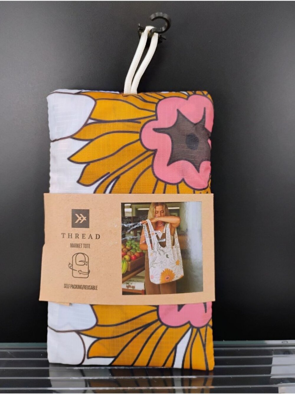 Thread Reusable Self-Packing Market Tote Daisy Print Eco-Friendly